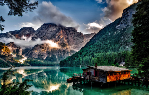 Calm lake with a house
