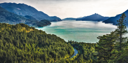 Surreal mountain lake panorama