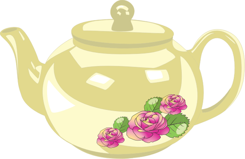 Gráficos vetoriais do bule de chá brilhante com decoração rosa