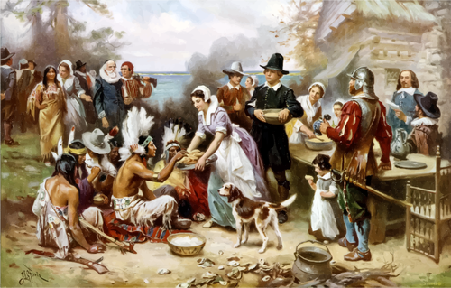 Clip art of pilgrims and Native Americans celebrating Thanksgiving together