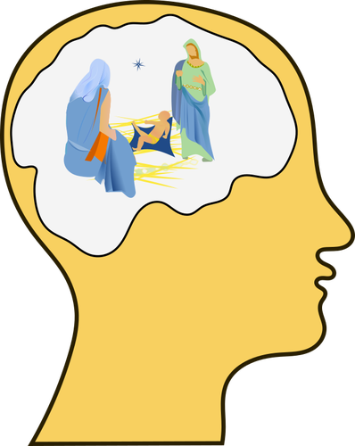 Silhouette of a brain with nativity scene inside