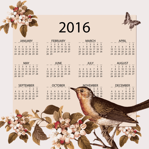विंटेज पक्षियों और फूलों के साथ कैलेंडर 2016