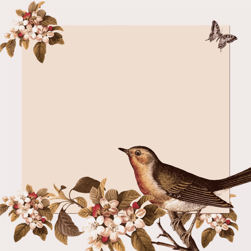 剪贴画秋天装饰着鲜花和一只小鸟
