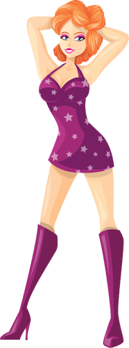 Punatukkainen tyttö violetissa tiukoissa vaatteissa