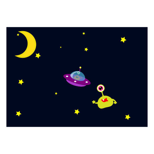 Alien en UFO in ruimte cartoon vector afbeelding