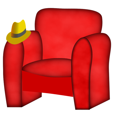 كرسي أحمر وقبعة.