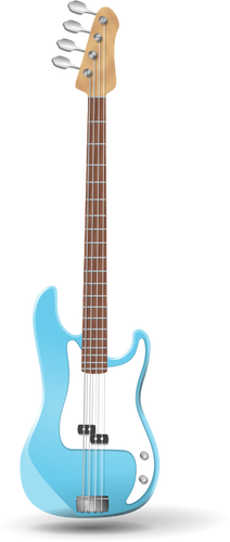 Kuva sinisestä bassokitarasta pystyssä