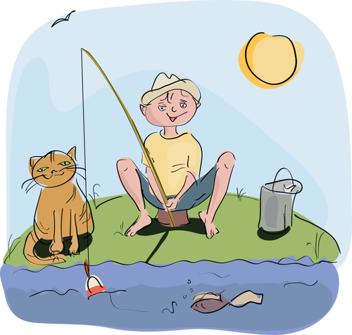 Jongen en kat visserij vector tekening