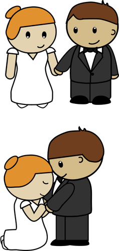 Vector illustration of two scenes of cartoon bride and groom