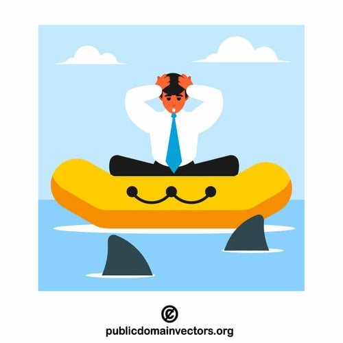 Businessman in a boat surrounded by sharks