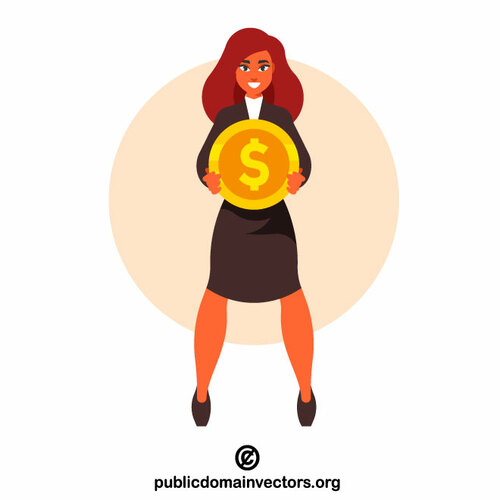 Businesswoman holding a big coin