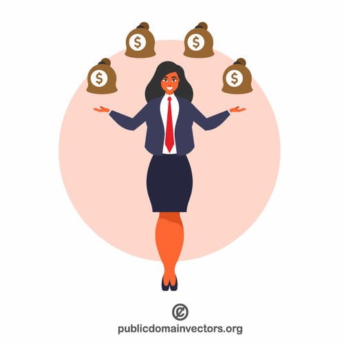 Businesswoman juggling money bags