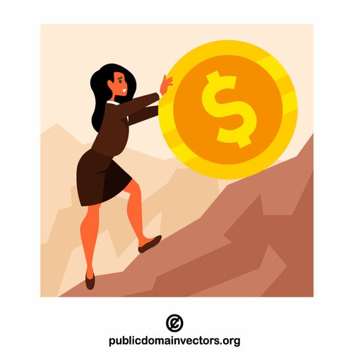 Businesswoman pushing gold coin