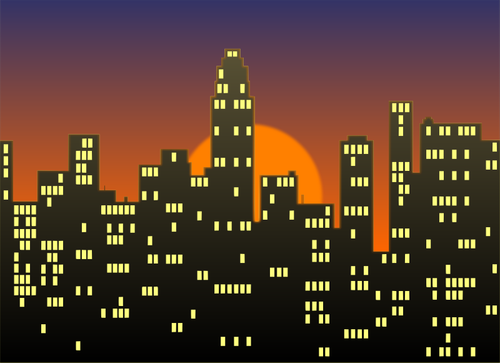 夕焼け空の下での都市景観のベクトル描画