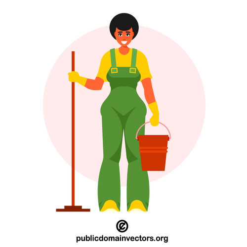 オーバーオールを着た清掃サービスの女性