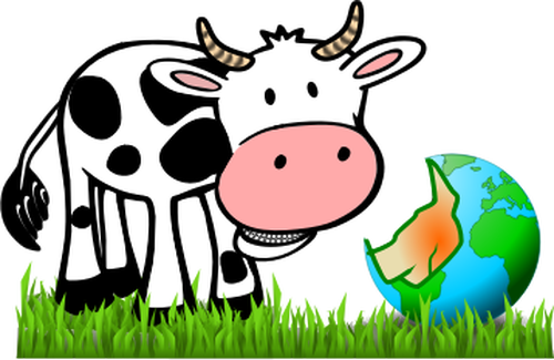 Vector image of cartoon cow eating Earth