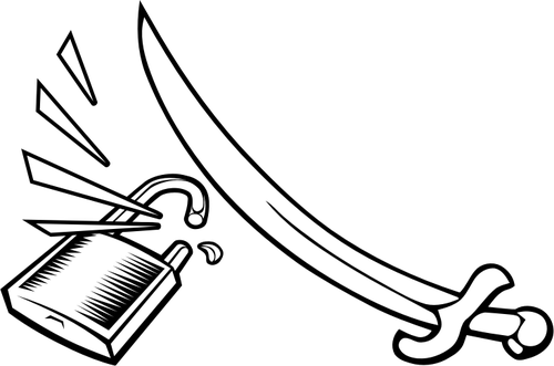 Vector clip art of a sword cracking a padlock