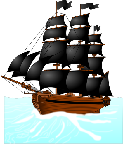 Grafica vettoriale di barca a vela enorme pirata al mare indisciplinato