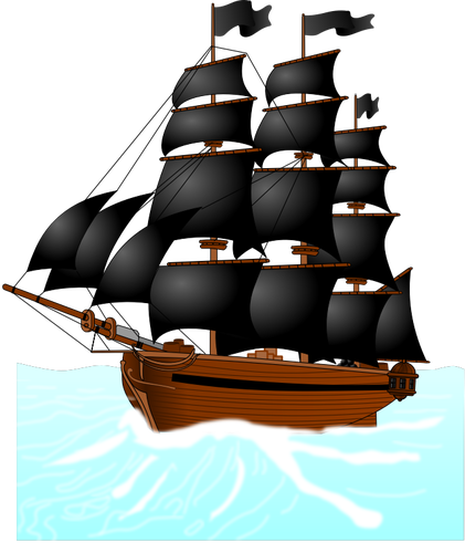 Vector graphics of huge pirate sailboat at unruly sea