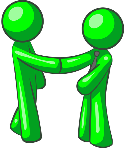 Green human figures pointing hands at each other