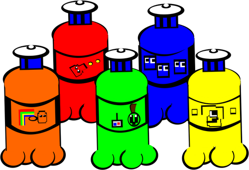 Векторная иллюстрация пяти пластиковых бутылок воды