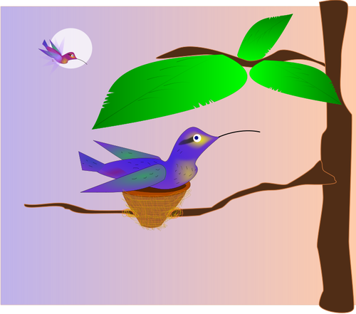 Klipart modrý pták v hnízdě na stromě