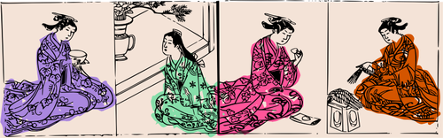 Quatre geishas dans des poses différentes