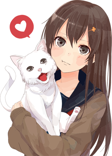 Anime-tyttö kissanpennun kanssa