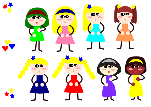 Cartoon flickor i olika klänningar