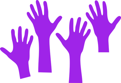 Four purple hands reaching upwards vector graphics