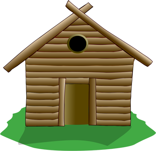 Ilustração de casa de madeira, rodeada por grama