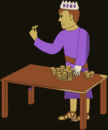 Ilustración de vector de rey contando su dinero