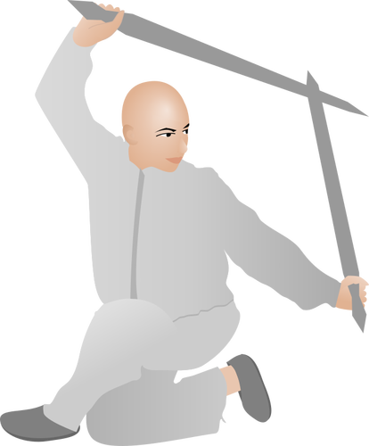 Vector de dibujo de hombre de kung fu con dos espadas