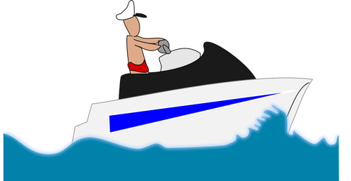 Bilden av mannen i badbyxor på en fritidsbåt