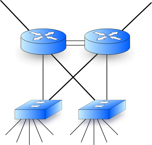 Vectorafbeeldingen van netwerkdiagram met twee routers en twee switches