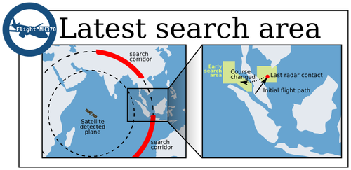 Vector image of infographic map of the search for the missing Malaysian plane