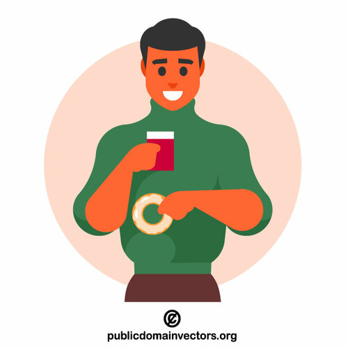 Man drinking coffee with donut