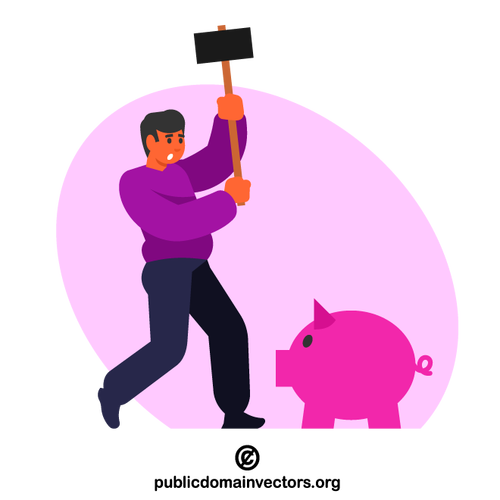 Mann schlägt mit einem Hammer auf ein Sparschwein