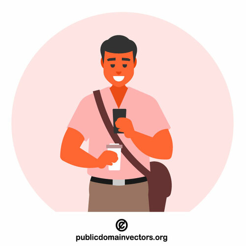 Man with a smartphone and a coffee mug