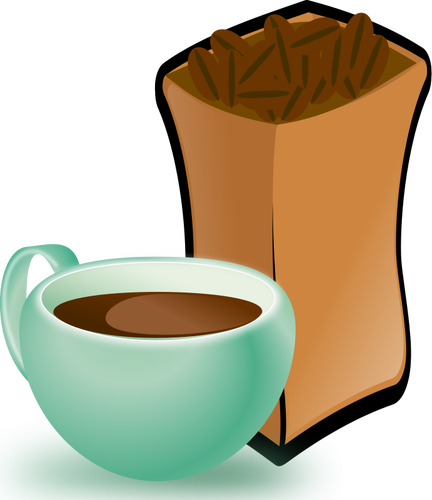 Vector image of green cup of coffee with sack of coffee beans