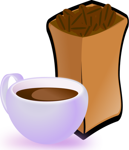 Vektor-Bild lila Tasse Kaffee mit Sack Kaffeebohnen