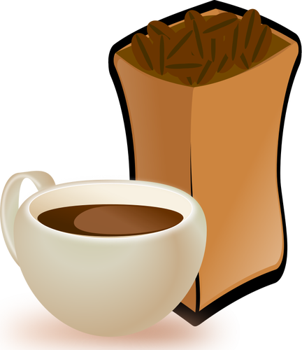 Vector image of beige cup of coffee with sack of coffee beans