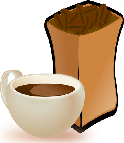 Vector image of beige cup of coffee with sack of coffee beans