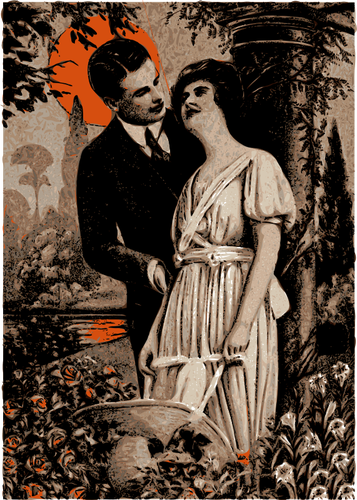 Vektorikuva miehestä ja naisesta oranssin auringon alla