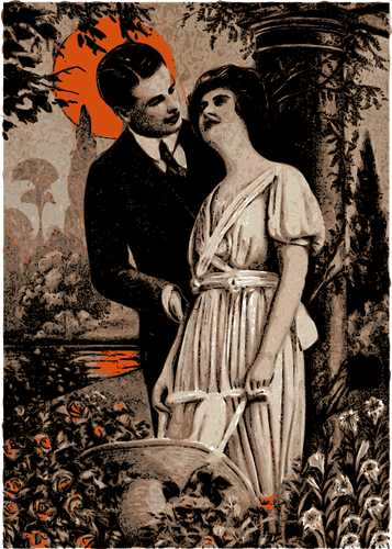 Vector image of man and woman under orange sun