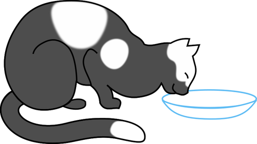 Spotty cat drinking milk from pot vector illustration