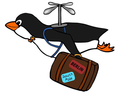 Pingviini lentää matkalaukun kuvituksen kanssa