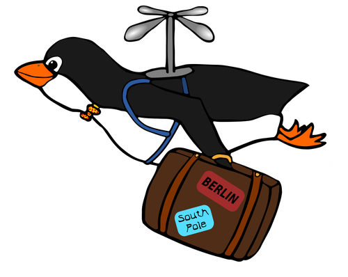 Penguin flying with a suitcase illustration