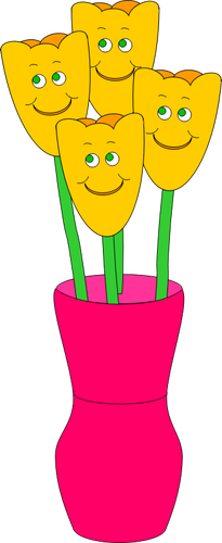 矢量图的四个微笑鲜花插在花瓶里