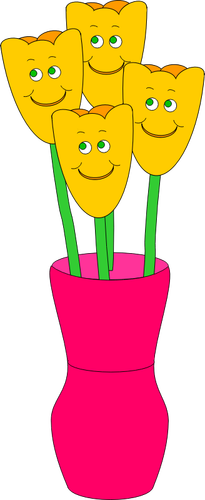 Vector illustration of four smiling flowers in a vase